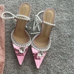 Mach & Mach pink crystal high heels with pearl lace ties pointy toe size 37.5